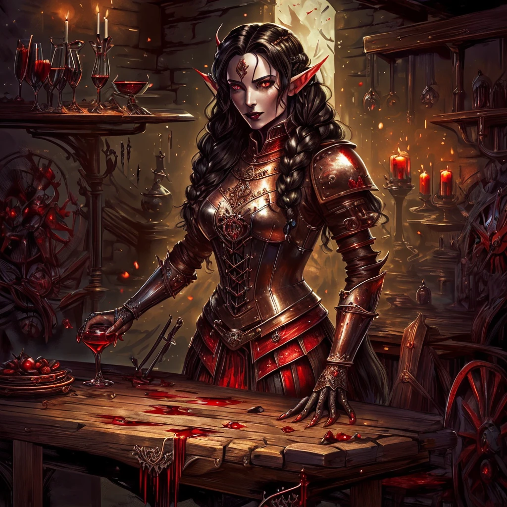 (masterpiece), perfect anatomy, intricate, (highly detailed), masterpiece, photorealistic, perfect anatomy, cinematic lighting, shading, super detailed skin, beautiful detailed eyes, best quality, ultra-detailed, (illustration), ultra-detailed, (extremely delicate eyes:1.3), medieval armour, (black shiny armour), (Gothic castle, throne room), (((stands near the table))), (((pours blood into a glass))), (extremely detailed medieval shiny armour), (1 vampire elf), (Black_hair:1.3), (long hair), (wavy hair with a braid), (red ends of hair), (black eyes), (red pupils), (black lipstick), (long fangs), Iridescent, fantasy theme, dynamic pose, vibrant colour, shadow, contrast, refraction, perspective, depth, good anatomy, stunning details, night, starrystarscloudcolorful, r1ge, Aron Dreyko, 1 male, 1 vampire elf, purple skin color, beautiful face, black hair, wavy hair with a braid, red ends of hair, black eyes, red pupils, black lipstick, long fangs