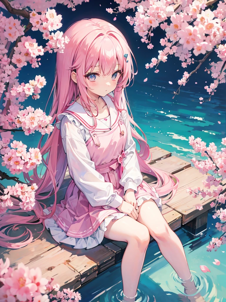 Kawaii girl sitting, in a place of sakura flowers 