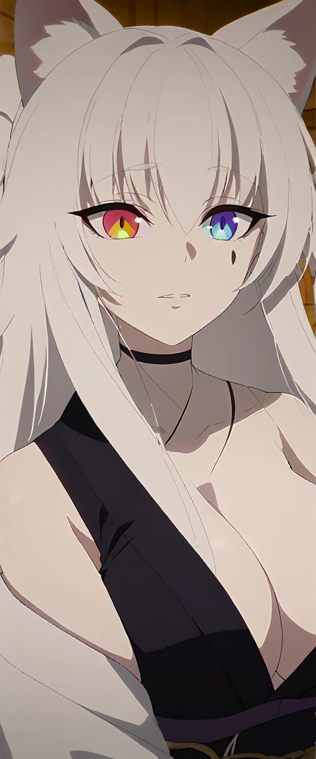 beautiful white neko, long white neko ears, white neko tail, anime style, purple eye, blue eye, big breasts, extremely detailed eyes and face, Wearing white and black open shoulder kimono, white long hair, heterochromia, wide waist, mature woman, black small beauty mark under right eye