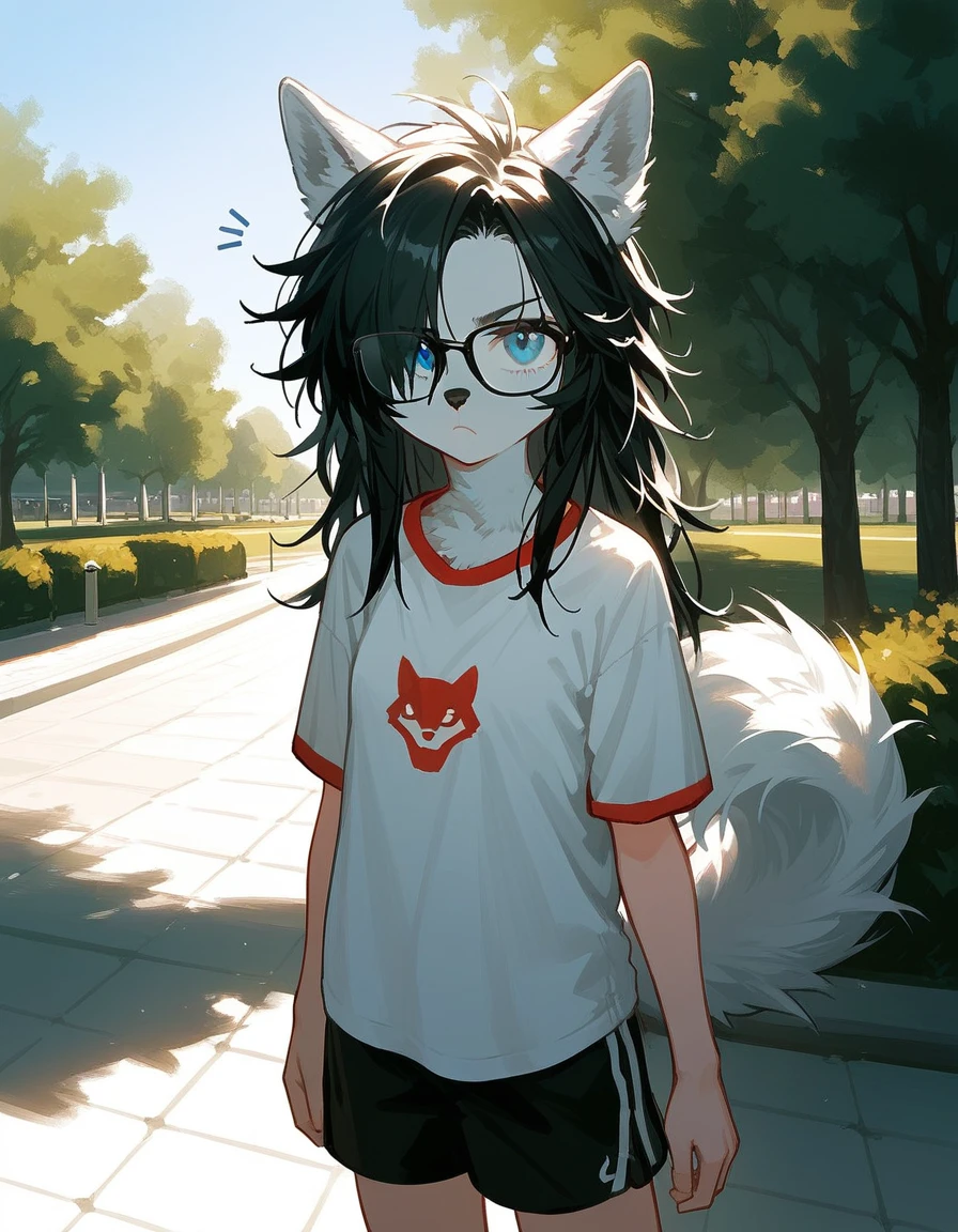 Solo, score_9,score_8_up,score_7_up, a young nerdy Anthro furry wolf woman, wolf snout, white furry body, tall, long black messy hair, black hair, hair in a pony tail, hair covering one eye, black glasses, blue eyes, white wolf ears, white wolf tail, small breasts, wearing oversized red t shirt, black boy shorts, standing, outdoors, at a park, looking annoyed, one hand on her forehead, shielding her face from the sun, sunny day, looking up, squinting, looking up