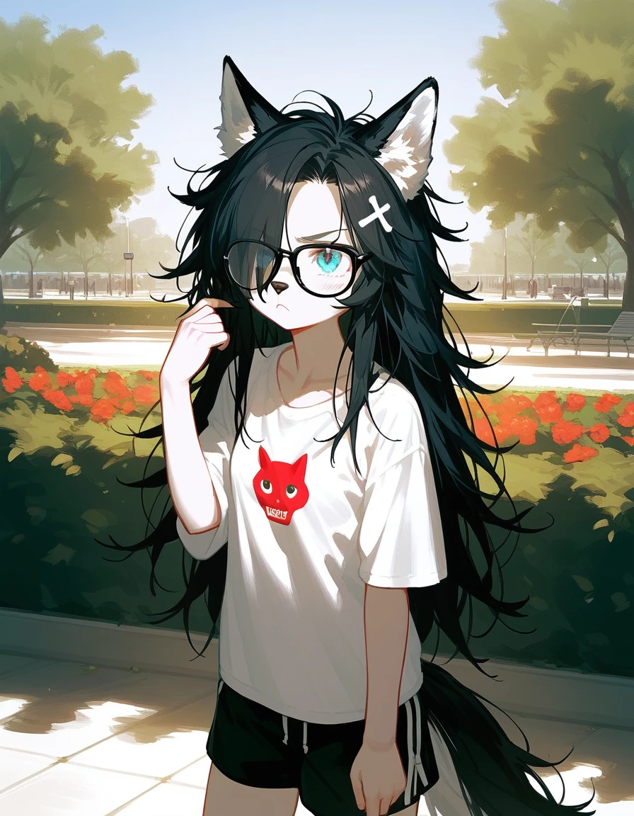 Solo, score_9,score_8_up,score_7_up, a young nerdy Anthro furry wolf woman, wolf snout, white furry body, tall, long black messy hair, black hair, hair in a pony tail, hair covering one eye, black glasses, blue eyes, white wolf ears, white wolf tail, small breasts, wearing oversized red t shirt, black boy shorts, standing, outdoors, at a park, looking annoyed, one hand on her forehead, shielding her face from the sun, sunny day, looking up, squinting, looking up