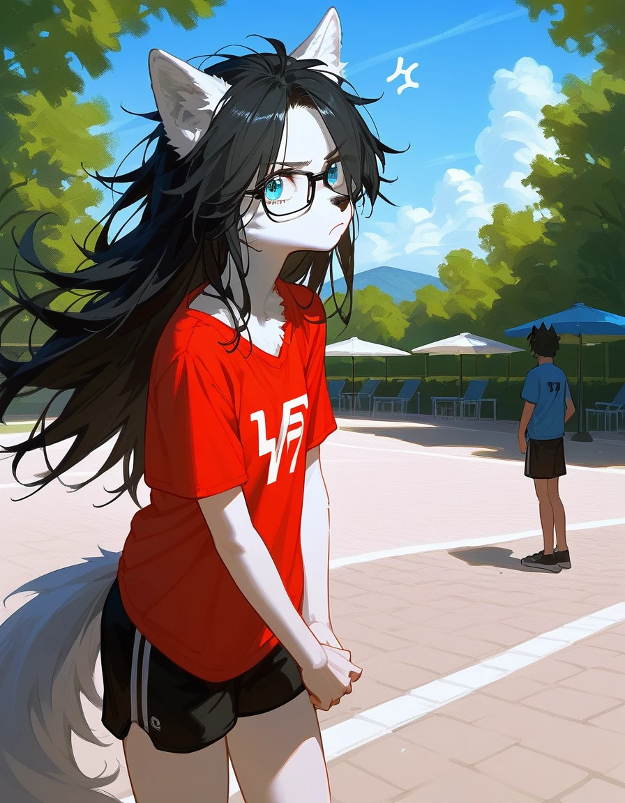 Solo, score_9,score_8_up,score_7_up, a young nerdy Anthro furry wolf woman, wolf snout, white furry body, tall, long black messy hair, black hair, hair in a pony tail, hair covering one eye, black glasses, blue eyes, white wolf ears, white wolf tail, small breasts, wearing oversized red t shirt, black boy shorts, standing, outdoors, at a park, looking annoyed, one hand on her forehead, shielding her face from the sun, sunny day, looking up, squinting, looking up