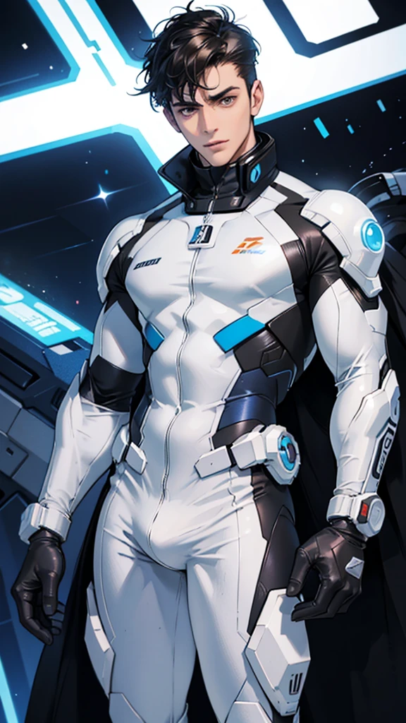 Handsome 20 year old cyborg Brown Eyes future universe Science fiction The background is the galaxy universe A very tight white and blue rubber suit Plug Suit Gloves looking at the camera White bulge Very short black hair with bang Male slim muscular man Big bulge Big ass