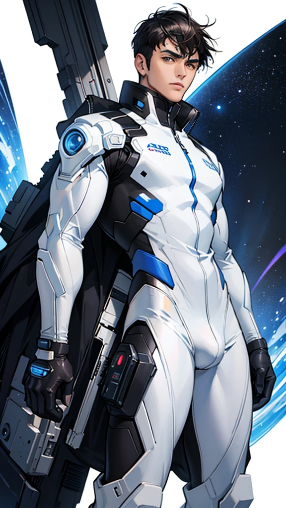 Handsome 20 year old cyborg 　Brown Eyes　future　universe　Science fiction　The background is the galaxy universe　A very tight white and blue rubber suit　Plug Suit　Gloves　looking at the camera　White bulge　Very short black hair with bang Male slim muscular man　Big bulge Big ass 