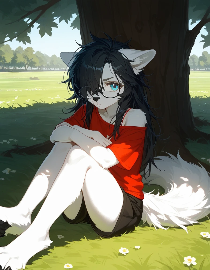 Solo, score_9,score_8_up,score_7_up, a young nerdy Anthro furry wolf woman, wolf snout, white furry body, tall body, long black messy hair, black hair, (hair in a pony tail):1.3, hair covering one eye, black glasses, blue eyes, white wolf ears, small breasts, wearing oversized red t shirt, exposed shoulder, black boy shorts, outdoors, cutely pouting, sitting under a shady tree, feet paws, 4 toes, grassy floor, legs sprawled out across the floor, arms crossed, leaning against a tree, grassy field