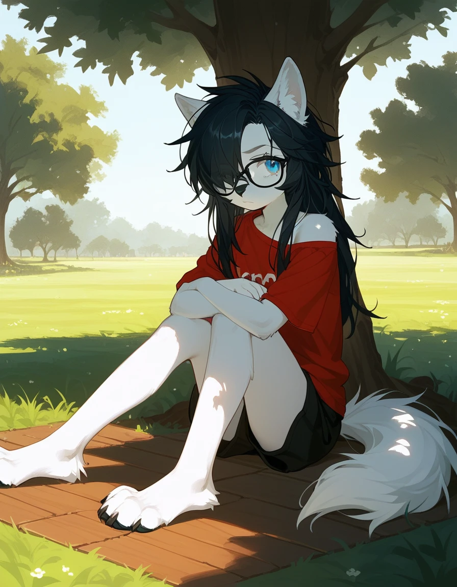Solo, score_9,score_8_up,score_7_up, a young nerdy Anthro furry wolf woman, wolf snout, white furry body, tall body, long black messy hair, black hair, (hair in a pony tail):1.3, hair covering one eye, black glasses, blue eyes, white wolf ears, small breasts, wearing oversized red t shirt, exposed shoulder, black boy shorts, outdoors, cutely pouting, sitting under a shady tree, feet paws, 4 toes, grassy floor, legs sprawled out across the floor, arms crossed, leaning against a tree, grassy field