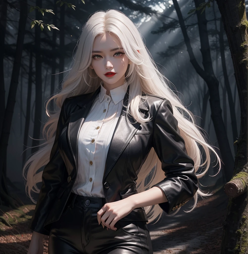 Horror landscape of a sinister forest covered with trees and red-eyed crows on the branches, beautiful white haired woman, white eyes red lips light skin smiles sinisterly wearing a suit with a set and leather pants, both black and gold details,sky with storms in the background You feel death in the air high in the sky you look at the moon with many gray clouds it seems like it will rain