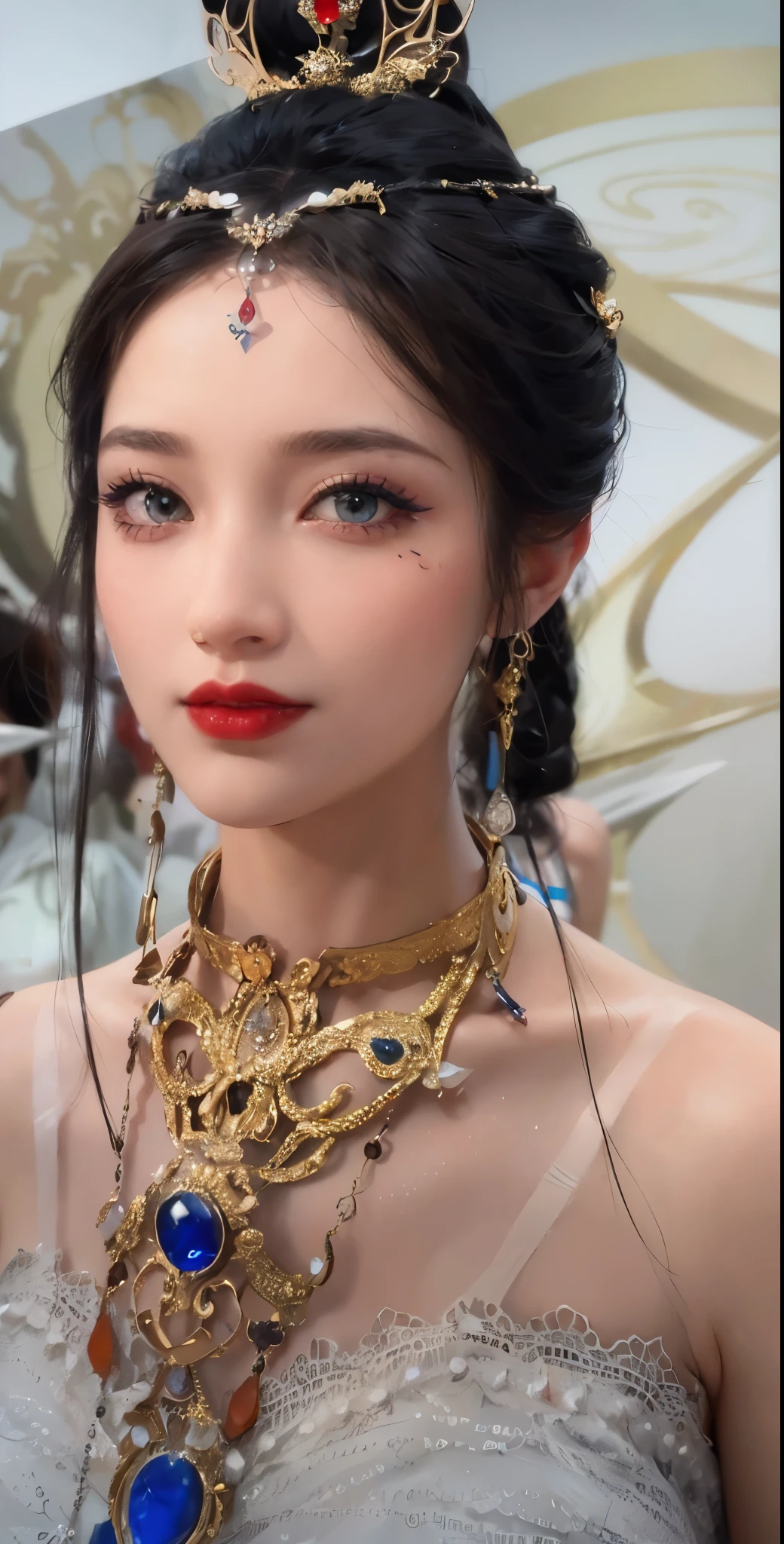 Royal princess,Super detailed, Delicate face, Stock Photography , Portrait 400, F1 Camera Lens.6, Colorful, Surrealism, Realistic textures, Dramatic Lighting, Thin Film Distiller 800 (8K, original photo, Better quality, masterpiece: 1.2), Super detailed, (Extremely delicate skin: 1.2), 8K 超高清, SLR camera, Soft Light, high quality.Fire Queen,Blue pupils,Apply red lipstick,Have a tattoo,The tattoo is very three-dimensional,Gorgeous and intricate tattoo designs,8K Mugshot,Large Breasts,Dark eyeshadow,Sexy thick lips(Red lipstick),Ice Princess,The facial features are very three-dimensional,