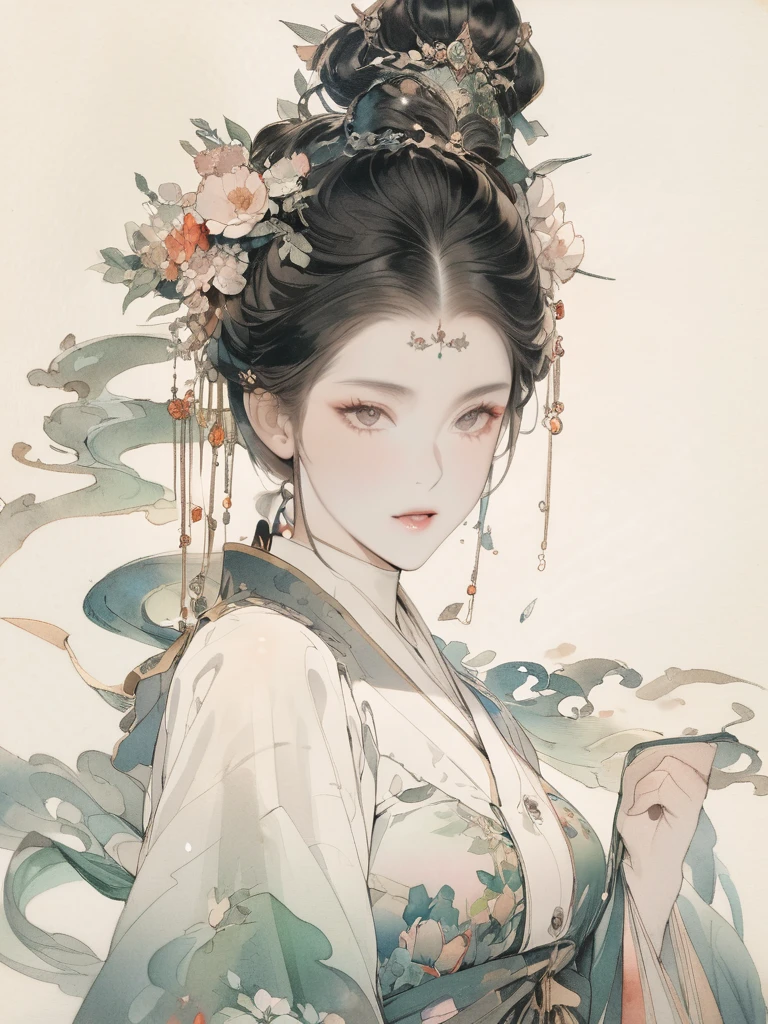 (8K, best quality, masterpiece),1girl, watercolor(medium), {Practical, original photo, Ultra-fine transparent, image, (Influenced by Yoshitaka Amano's style:1.6)}, Practical Light, Delicate skin, (Beautiful slim woman, 25 years old, Court Knight:1.5), Thin legs, Fine particles, Long white hair, Detailed fingers, Thin, sex, Ecstasy expression, 动感sex感的姿势, (巨大有弹sex的坚挺胸部:1.4), (sex感指挥官的盔甲, Long skirt, Long red cape, boots:1.2),(The armor has a larger chest opening;1.6), Exposing breasts, (Arcadia, Flower Storm, Many flowers:1.8), Unobscured,Beautiful scenery, (Flowers, Wind and Moon:1.5)