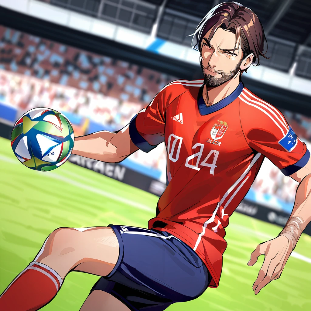 A Dutch soccer player running with the ball on a soccer field, Ruud Van Nistelrooy, euro cup 2024, Masterpiece, The best quality, super detailed