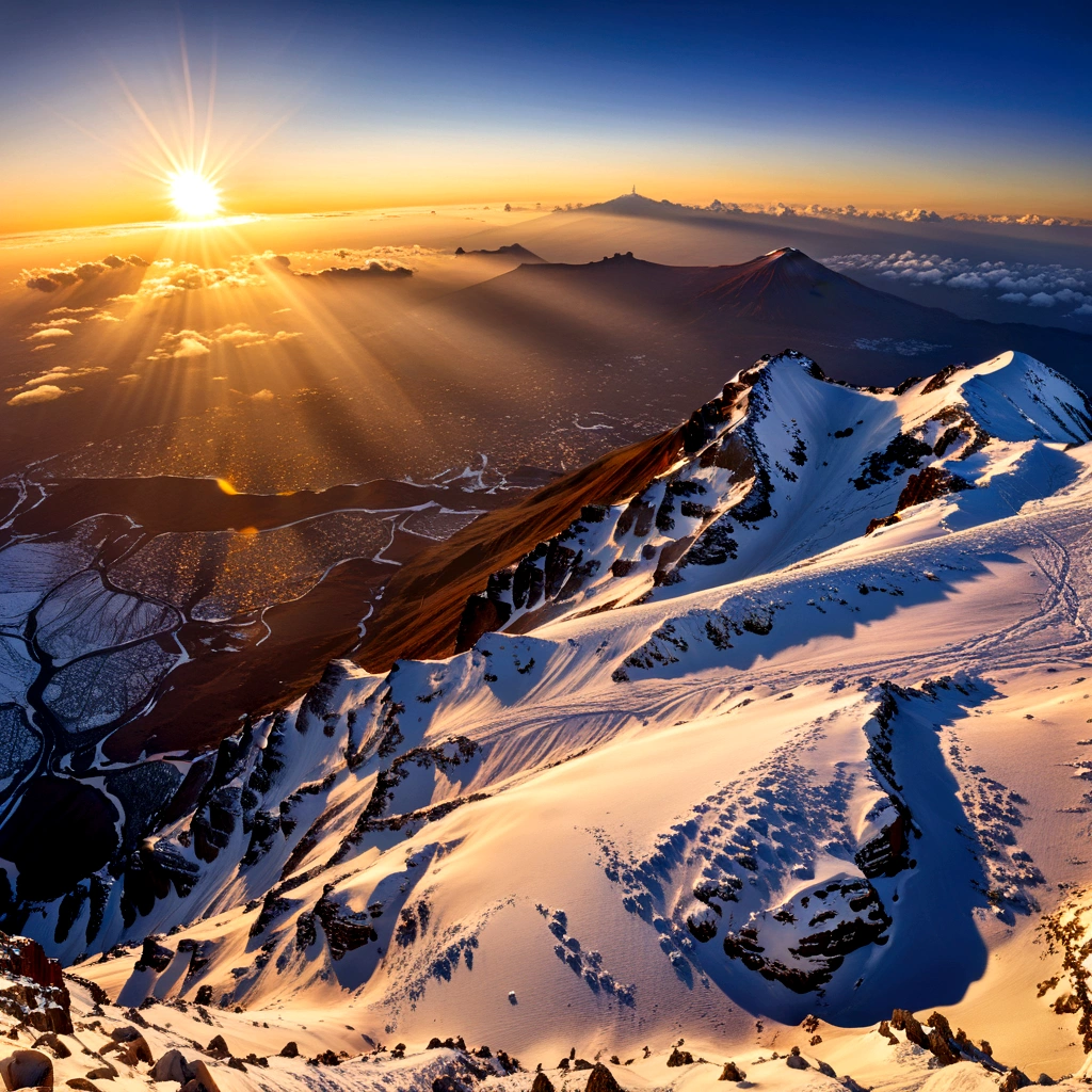 (Sunrise Time), At sunrise, the summit of Mount Kilimanjaro shines brightly under the sunlight. The golden sunlight and white snow complement each other, creating a spectacular scene. The background is a sunset sky, (panoramic view), Photography, award-winning, cinematic still, emotional, vignette, dynamic, vivid, (masterpiece, best quality, Professional, perfect composition, very aesthetic, absurdres, ultra-detailed, intricate details:1.3)