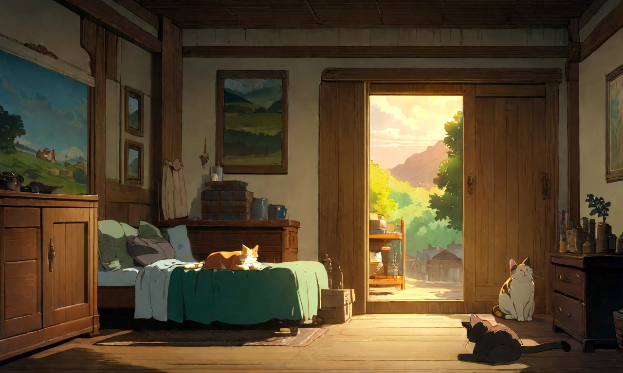 Studio Ghibli-style anime movies, Movie stills, Highest quality, masterpiece, Representative works, Official Art, Professional, Super intricate details, 8K,Cat, Inside the room、relax