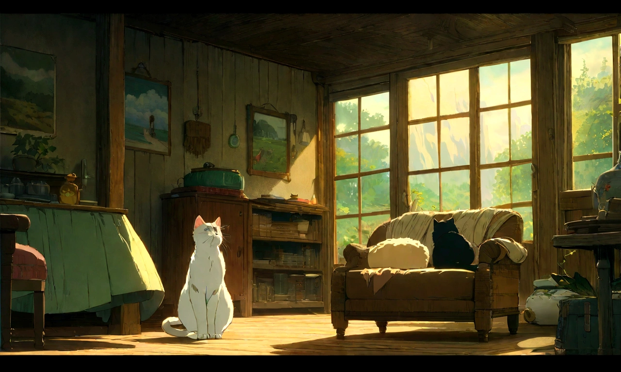 Studio Ghibli-style anime movies, Movie stills, Highest quality, masterpiece, Representative works, Official Art, Professional, Super intricate details, 8K,Cat, Inside the room、relax