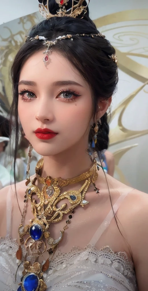 Royal princess，Super detailed, Delicate face, Stock Photography , Portrait 400, F1 Camera Lens.6, Colorful, Surrealism, Realistic textures, Dramatic Lighting, Thin Film Distiller 800 (8K, original photo, Better quality, masterpiece: 1.2), Super detailed, (Extremely delicate skin: 1.2), 8K 超高清, SLR camera, Soft Light, high quality.Fire Queen，Blue pupils，Apply red lipstick，Have a tattoo，The tattoo is very three-dimensional，Gorgeous and intricate tattoo designs，8K Mugshot，Large Breasts，Dark eyeshadow，Sexy thick lips(Red lipstick)，Ice Princess，The facial features are very three-dimensional，