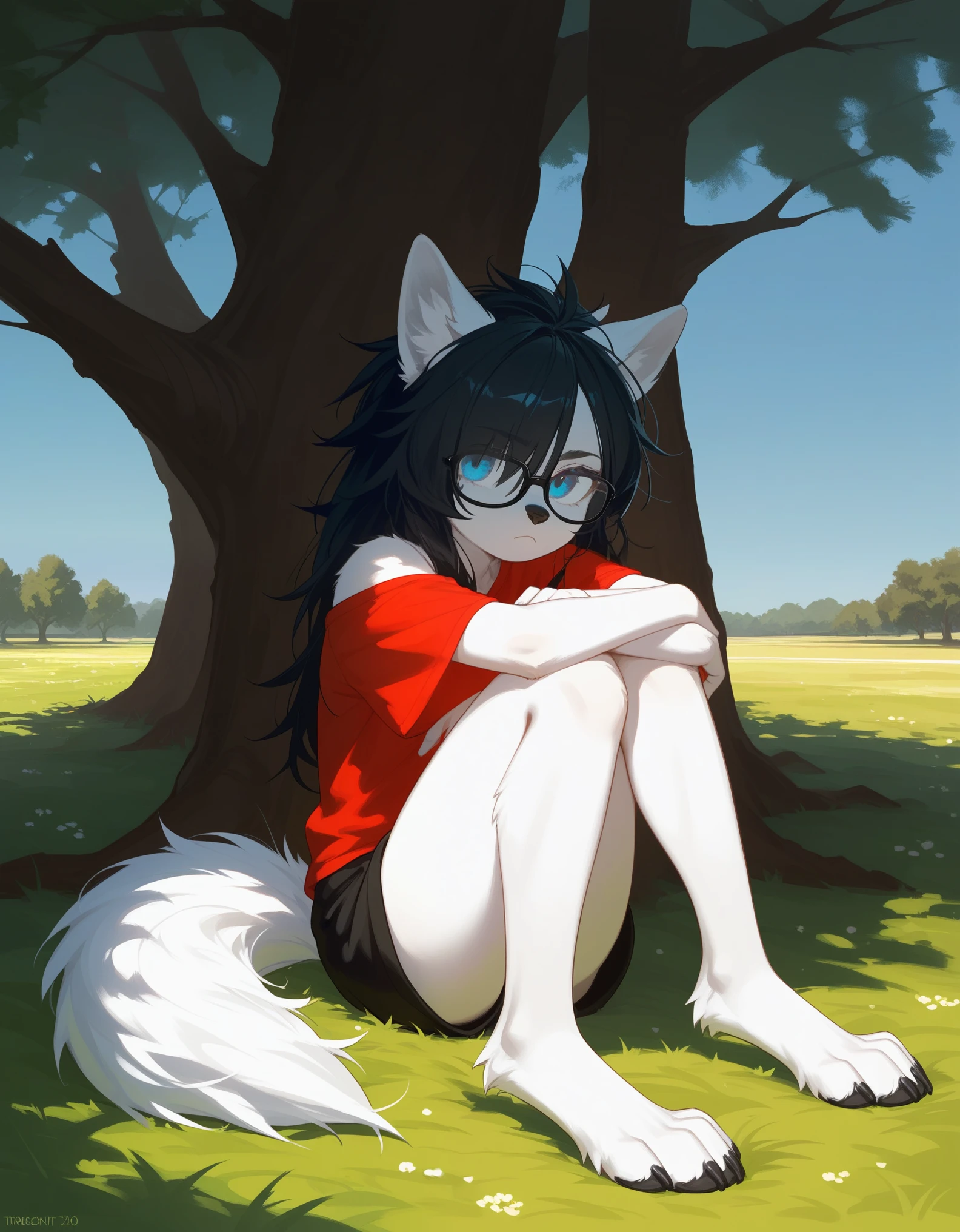 Solo, score_9,score_8_up,score_7_up, a young nerdy Anthro furry wolf woman, wolf snout, white furry body, tall body, long black messy hair, black hair, (hair in a pony tail):1.3, hair covering one eye, black glasses, blue eyes, white wolf ears, small breasts, wearing oversized red t shirt, exposed shoulder, black boy shorts, outdoors, cutely pouting, sitting under a shady tree, feet paws, 4 toes, grassy floor, legs sprawled out across the floor, arms crossed, leaning against a tree, grassy field