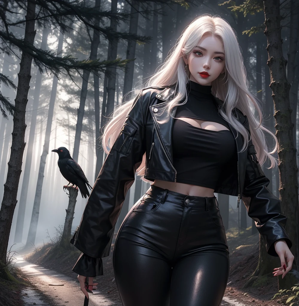 cloudy red night sky immense rays shooting towards the ominous forest covered with immense trees and red-eyed crows on the branches, beautiful white haired woman, white eyes red lips light skin smiles sinisterly wearing a suit with a set and leather pants, both black, covered by a thick fog and a black road Death is felt in the place.
Terrifying forest with crows