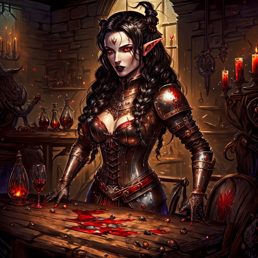 (masterpiece), perfect anatomy, intricate, (highly detailed), masterpiece, photorealistic, perfect anatomy, cinematic lighting, shading, super detailed skin, beautiful detailed eyes, best quality, ultra-detailed, (illustration), ultra-detailed, (extremely delicate eyes:1.3), medieval armour, (black shiny armour), (Gothic castle, throne room), (((stands near the table))), (((pours blood into a glass))), (extremely detailed medieval shiny armour), (1 vampire elf), (Black_hair:1.3), (long hair), (wavy hair with a braid), (red ends of hair), (black eyes), (red pupils), (black lipstick), (long fangs), Iridescent, fantasy theme, dynamic pose, vibrant colour, shadow, contrast, refraction, perspective, depth, good anatomy, stunning details, night, starrystarscloudcolorful, r1ge, Aron Dreyko, 1 male, 1 vampire elf, purple skin color, beautiful face, black hair, wavy hair with a braid, red ends of hair, black eyes, red pupils, black lipstick, long fangs