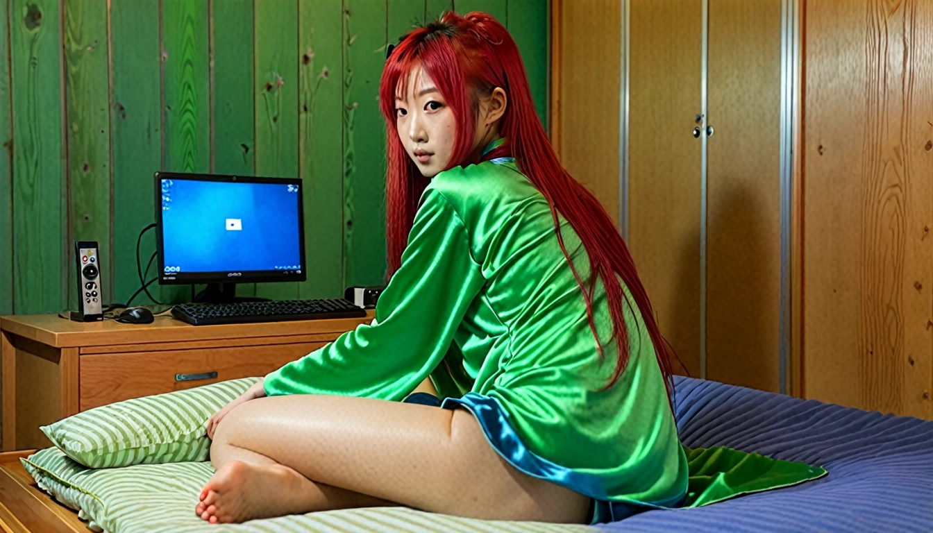 Uhd, photo of Cami, subject: Noriko, 1/2 Japanese 1/2 Hainu skinny girl with long red hair sitting in a bed using the pc between her legs, viewed from behind, blue+++ eye, LGBTQIA+, queer, punk style, wearing green long nightgown. Background: wooden bedroom