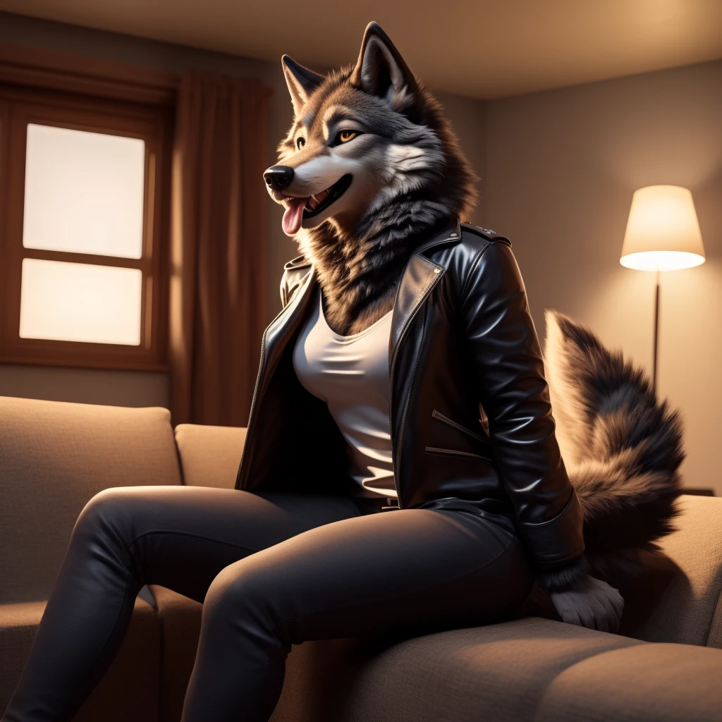 Posing, female, 30 years old, happy, mouth open with tongue hanging out, black leather jacket, anthro, wolf ears, (black fur:1.5), wolf, log cabit backgroud, 8k, hi res, (best quality, masterpiece), (wolf tail:1.5), detailed fur, sitting on couch