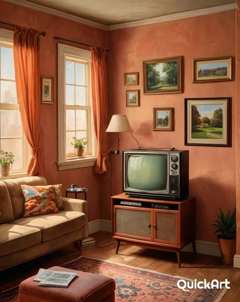 Make the TV in the picture play a cartoon scene and add details to the carpet and sofas