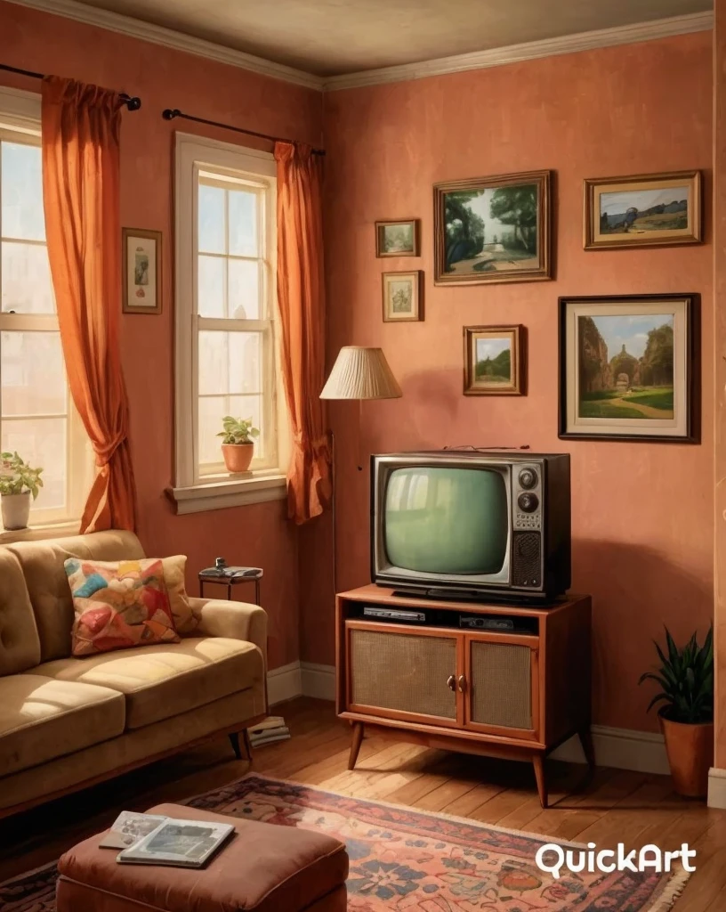 Make the TV in the picture play a cartoon scene and add details to the carpet and sofas