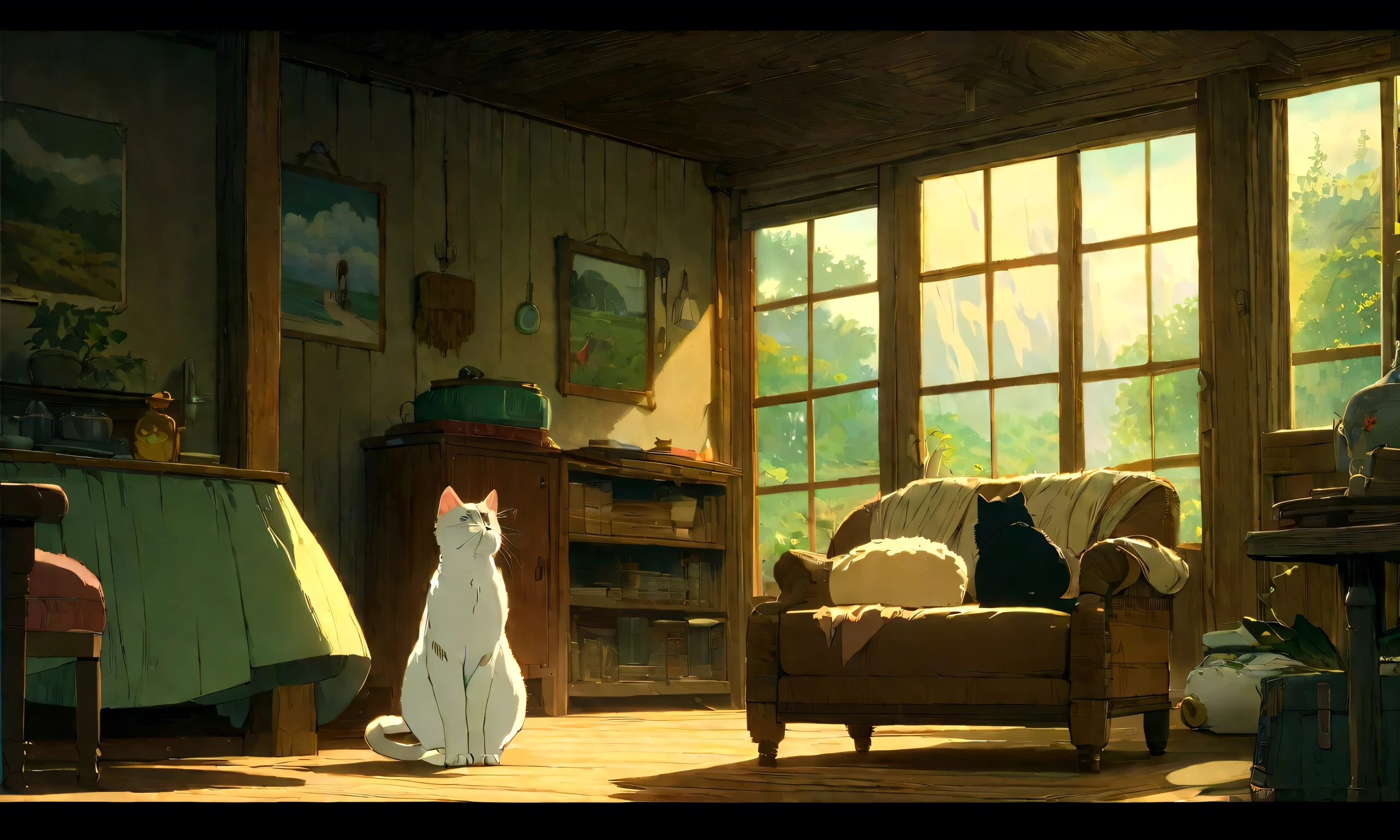 Studio Ghibli-style anime movies, Movie stills, Highest quality, masterpiece, Representative works, Official Art, Professional, Super intricate details, 8K,Cat, Inside the room、relax
