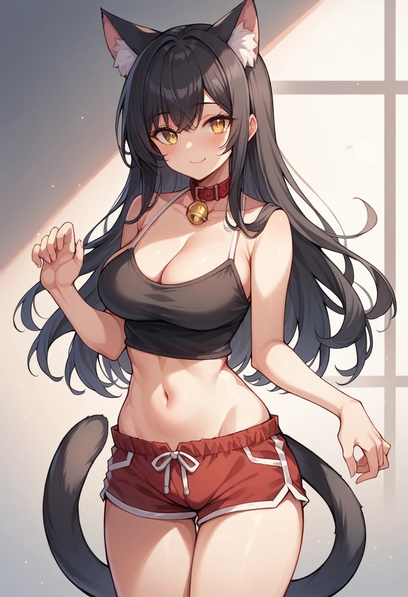 1girl, long hair, breasts, looking at viewer, blush, bangs, large breasts, black hair, navel, animal ears, cleavage, bare shoulders, medium breasts, closed mouth, standing, collarbone, tail, yellow eyes, thighs, solo focus, midriff, cat ears, collar, cat tail, animal ear fluff, bare arms,cat girl, neck bell, camisole, red shorts, red collar, smiling, bikini

