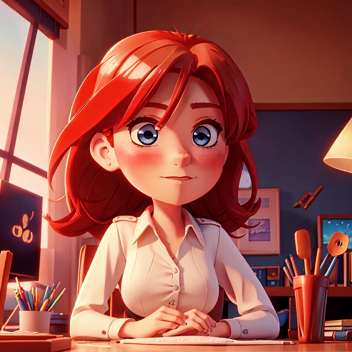 beautiful redhead teacher sitting at her desk, petulant appearance, gazing at viewer, contemporary time, anime styling, 8K