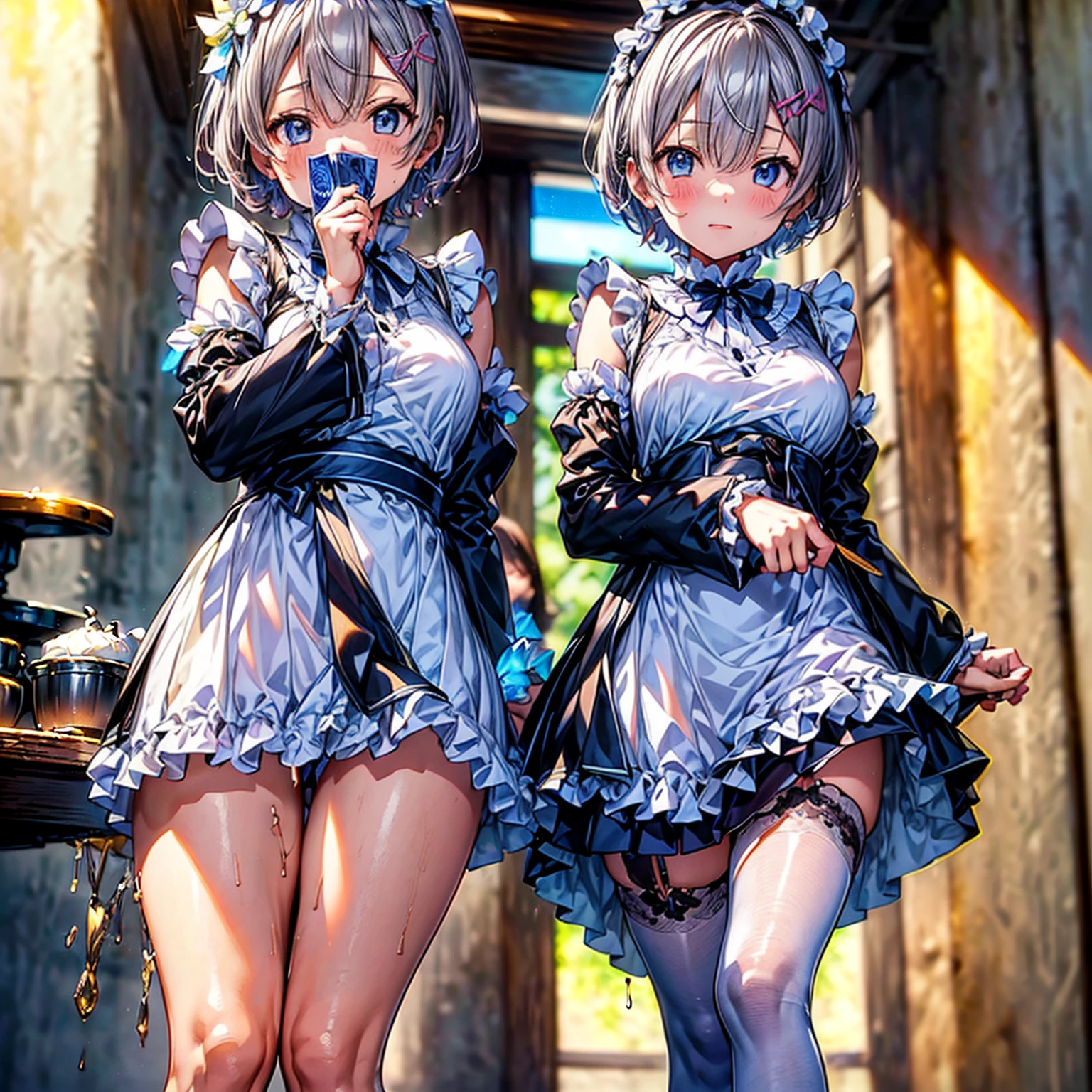 NSFW, BREAK (((Peeing:1.5、Pee:1.5))), BREAK(((Shooting from below)))、The whole body is visible,bedroom,(((Urinating、holding a urinal))), BREAK (((Test:1.5))),(((official art、highest quality、Unity 8k wallpaper、32k:1.5、masterpiece、super detailed、超high resolution、realistic、Photoreal:1.2)))、(cinematic lighting:1.2)、fire glow effect、film grain、best shadows、rim lighting、side light、(Super detailed and complex 3D rendering)、beautiful background、detailed beautiful face and eyes、(Beautiful and sharp pupilasterpiece, high resolution、highest quality, Ultra - High resolution, maximum resolution, very detailed, professional lighting, beautiful skin,BREAK, (Perfect hands, Perfect Anatomy,Detailed Eyes:1.5,Fine eyes:1.5),(((rem, sky blue eyes, silver hair, hair ornament, hair over one eye, hair ribbon, short hair, x hair ornament))),(((apron, black ribbon, black skirt, black sleeves, detached collar, detached sleeves, apron, frilled skirt, frills, head wreath, long sleeves, maid, Miniskirt, neck ribbon, purple ribbon, ribbon, ribbon trim, ribbon-trimmed sleeves, roswaal mansion maid uniform, short hair, skirt, thighhighs, waist apron, white apron, white thighhighs,Off the shoulder))), (((Focus on the chest、Pay attention to the panties))),BREAK(((saliva、糸ひくsaliva、A clear liquid is spilling from his mouth and dripping down his chin..5))) , (((Surprisingly huge amounts of semen on head, chest and thighs))),BREAK 太い輪郭:1.3、Fine contours,BREAK (((非常にFine eyes、Eyes that reflect the light and shine beautifully:1.3、Highly detailed face、Clear Eyes)))、Beautiful Skin、Fair skin、bright、(((Beautiful silver hair:1.3))),BREAK (((6 years old:1.3))),Detailed face, Detailed skin, Detailed clothing, Detailed fingers, Toned Legs,Small waist、Attractive thighs、Amazingly thin legs、Incredibly slim thighs、smooth and beautiful thighs、 Beautiful legs with less unevenness、Her thighs are wet with an amazing amount of semen, BREAK 非常に大量の汗をかく,(((Amazingly large breasts:1.3、Amazingly plump and big breasts:1.5,Big Tits:1.5,Beautiful breasts、Beautiful breastsの形、Pointed Chest、The tip of the chest is sharp、Amazingly huge amount of cum and very wet all over the boobs:1.3))),BREAK (((spread your legs to the sides,:1.3,Spread your legs out to the side at 90 to 120 degrees:1.5)))、Attractive cleavage,Semen accumulation in cleavage、BREAK Water dripping from the crotch、BREAK 黒ガーター、Black leg garters、Black knee-high socks、Mini skirt 30cm above the knee、Very small skirt,BREAK (((Small panties exposed:1.3、The crotch of the panties is wet))),BREAK シャツの第2ボタンと第3ボタンと第4ボタンと第5ボタンが外れている,BREAK ブラウンのローファー,BREAK (((Perfect vaginal shape、Fine vagina))) ,BREAK (((口を大きく開けてsalivaを大量にたらす:1.5、Detailed Mouth:1.5、blowjob mouth)))、(((I'm embarrassed and my cheeks are very flushed:1.5)))、Embarrassed and blushing,My cheeks are wet with a lot of sweat,((Lift up your skirt yourself、Lift the hem of a skirt:1.5)),