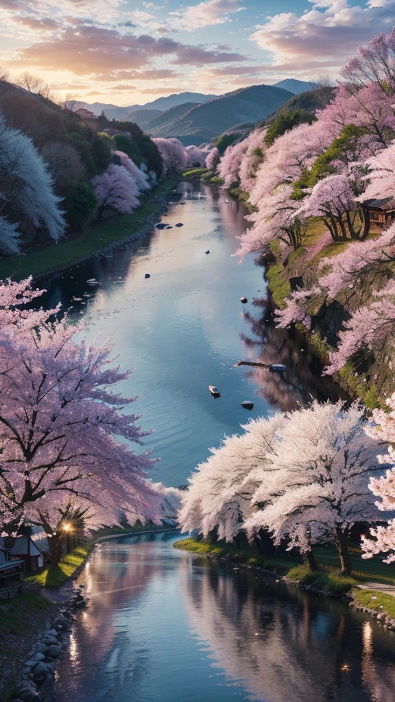 Draw a river with a small village, anime beautiful peace scene, very beautiful landscape, landscape artwork, landscape art detail, very beautiful digital art, beauty of natural landscape, beautiful art UHD 4 K, very beautiful photos, beautiful nature, landscape wallpaper, really beautiful nature, beautiful digital artwork, beautiful background, cherry blossom trees, anime style
