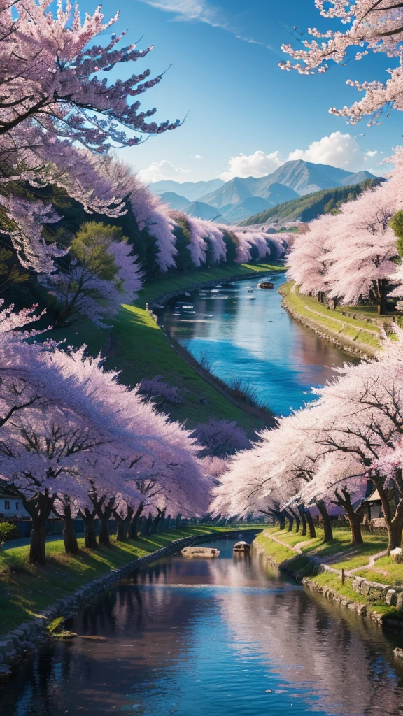 Draw a river with a small village, anime beautiful peace scene, very beautiful landscape, landscape artwork, landscape art detail, very beautiful digital art, beauty of natural landscape, beautiful art UHD 4 K, very beautiful photos, beautiful nature, landscape wallpaper, really beautiful nature, beautiful digital artwork, beautiful background, cherry blossom trees, anime style