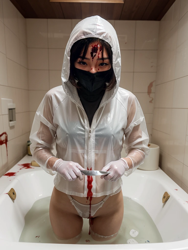 korean girl, (behind corpse, surgical mask), holding knife, stabbing, latex gloves, bath full of blood, transparent raincoat, hood up, holding knife, white gloves, behind corpse, blood splatter, mass murderer, killer, long bangs, in the house,