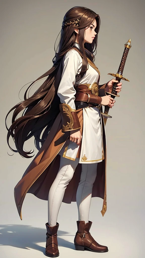 Strong women, Long brown hair, Brown robes, Holding a sword, Full body side view, Pure white background