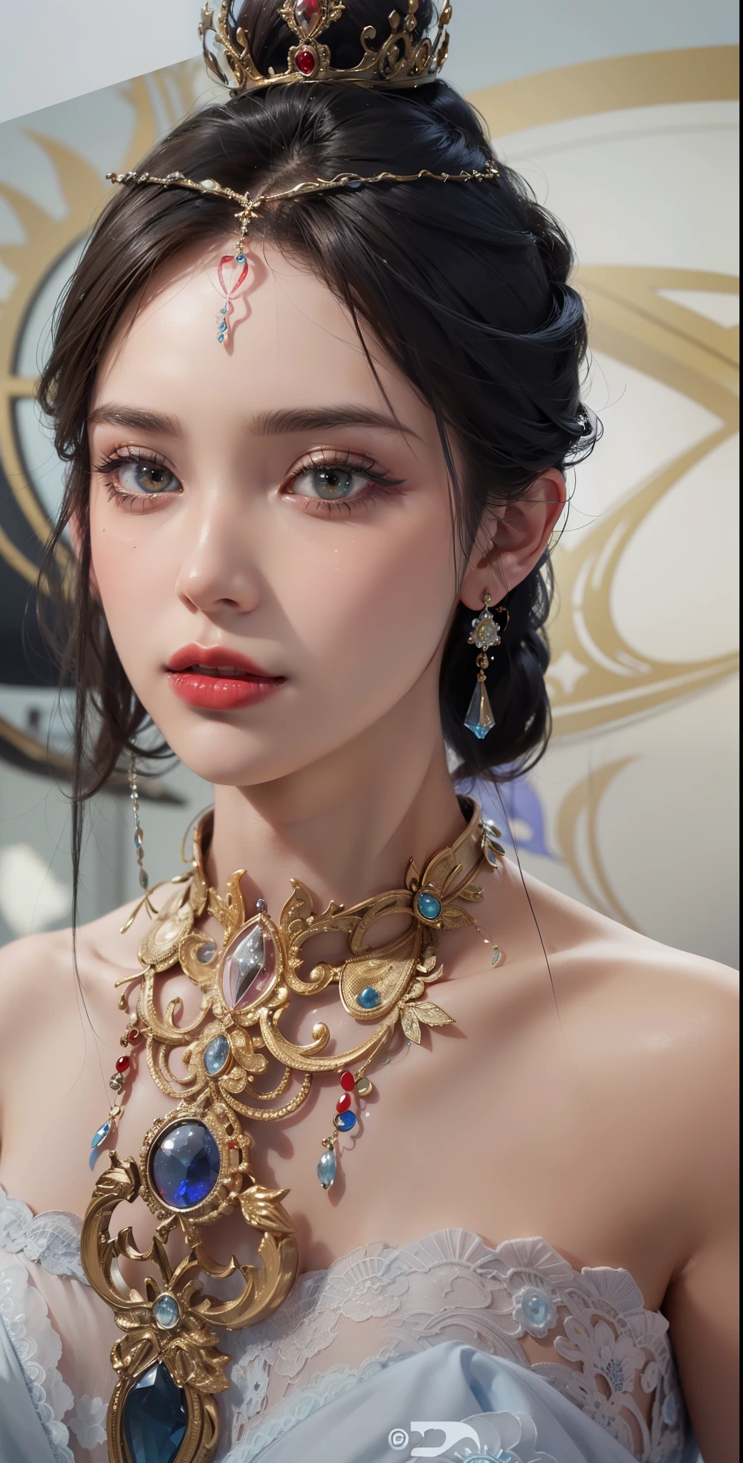 Royal princess，Super detailed, Delicate face, Stock Photography , Portrait 400, F1 Camera Lens.6, Colorful, Surrealism, Realistic textures, Dramatic Lighting, Thin Film Distiller 800 (8K, original photo, Better quality, masterpiece: 1.2), Super detailed, (Extremely delicate skin: 1.2), 8K 超高清, SLR camera, Soft Light, high quality.Fire Queen，Blue pupils，Apply red lipstick，Have a tattoo，The tattoo is very three-dimensional，Gorgeous and intricate tattoo designs，8K Mugshot，Large Breasts，Dark eyeshadow，Sexy thick lips(Red lipstick)，Ice Princess，The facial features are very three-dimensional，