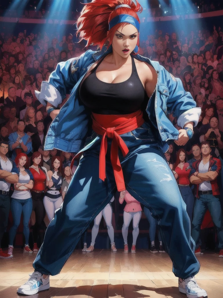 there is a woman in a blue jacket and red hair dancing, thick woman fighter, chubby woman, plus size woman fighter, busty woman, fighter, headband, opening her jacket, fighting game character, king of fighters style, character from king of fighters, as a character in tekken, fighting stance, official artwork, high detailed official artwork, fighting game, fighting pose, powerful stance, epic digital art illustration, fight pose, she is ready to fight, fighter pose, background artwork