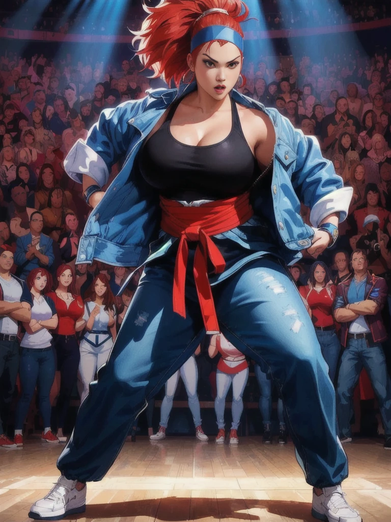 there is a woman in a blue jacket and red hair dancing, thick woman fighter, chubby woman, plus size woman fighter, busty woman, fighter, headband, opening her jacket, fighting game character, king of fighters style, character from king of fighters, as a character in tekken, fighting stance, official artwork, high detailed official artwork, fighting game, fighting pose, powerful stance, epic digital art illustration, fight pose, she is ready to fight, fighter pose, background artwork