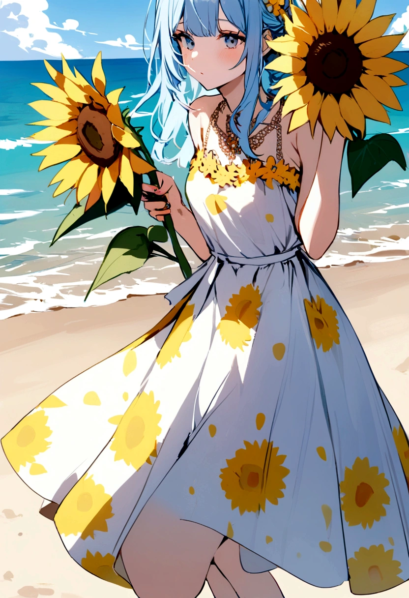 Girl with light blue hair on the beach and wearing a sunflower dress