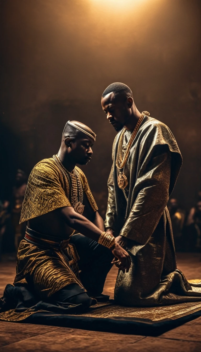 A dramatic scene of an African emperor about to execute his kneeling brother, intricate details, highly realistic, cinematic lighting, gritty, chiaroscuro, dark moody colors, powerful, tense atmosphere, masterpiece, best quality, 8k, HDR, physically-based rendering, ultra-detailed, sharp focus