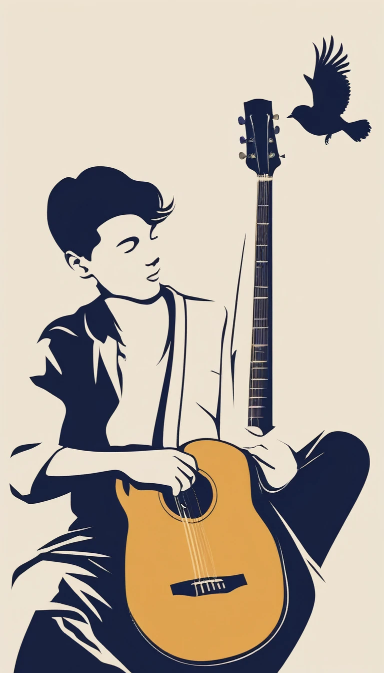 Create a modern, minimalistic logo design for a brand about music and movies called " Penamemoria". The logo must be in minimalistic style and convey a sense of storytelling. The logo is the silhouette of a boy and a bird. The boy is running with open arms, holding an acoustic guitar in the right hand and a bird feather in the left hand. Minimalistic logo design impressed on a book cover