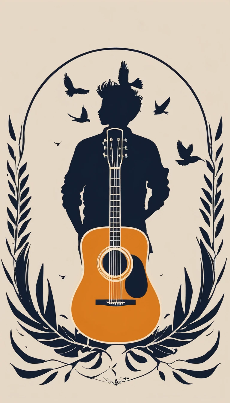 Create a modern, minimalistic logo design for a brand about music and movies called " Penamemoria". The logo must be in minimalistic style and convey a sense of storytelling. The logo is the silhouette of a boy and a bird. The boy is running with open arms, holding an acoustic guitar in the right hand and a bird feather in the left hand. Minimalistic logo design impressed on a book cover
