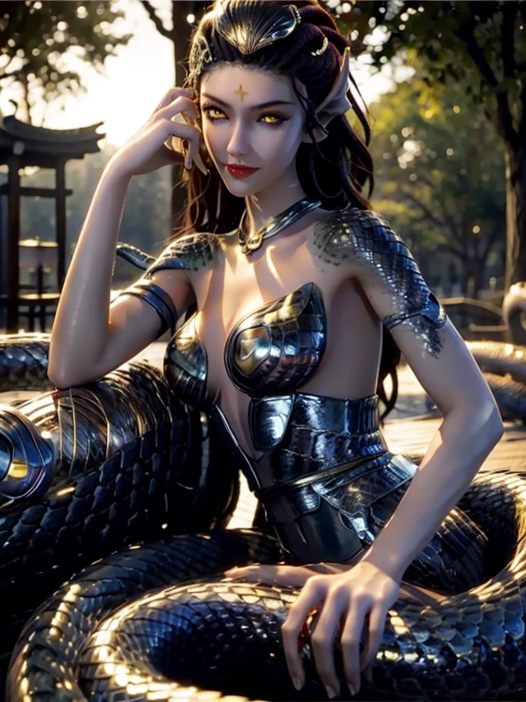 ((best quality)), (ultra-detailed), ((extremely detailed)), 8K, (((beautiful Lamia))), (((Snake Woman))), snake body, best quality, Japanese shrines, torii ,night, (curvy),1 woman, have a crystal ball ,solo, Japanese style costume, black hair, ((clear gold eyes)), ((beautiful eyes)), pale skin, long hair, cool smile , fire effect, lens flare, medium breasts