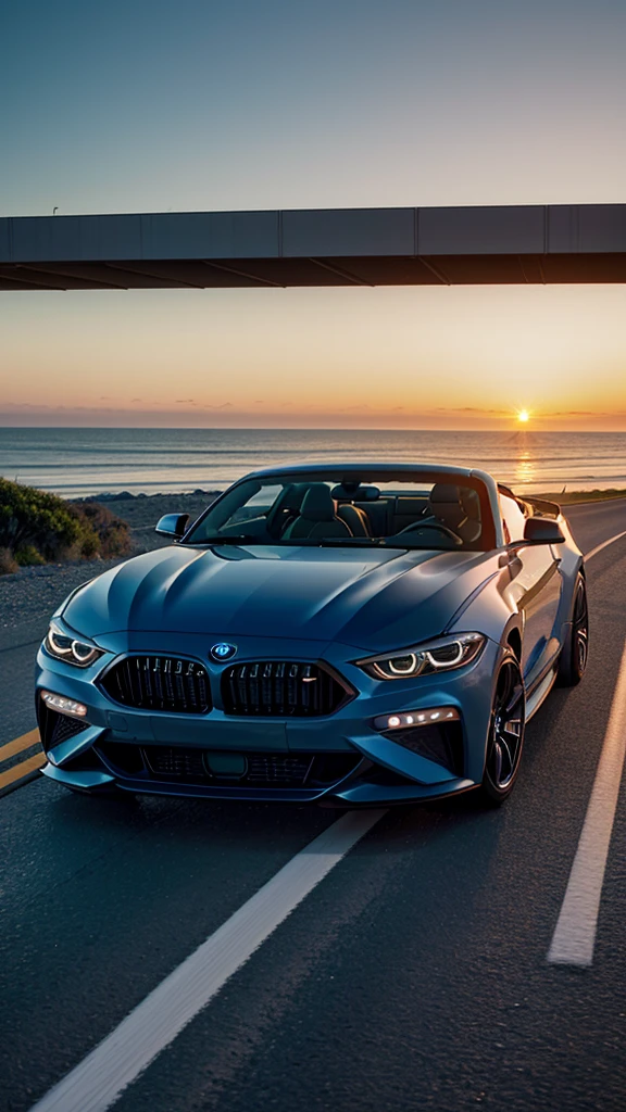 Hyperrealistic 8k photo of Ventura Highway, from side of a topless BMW car of a Mustang GT at dusk, with highway and ocean in detail and focus.