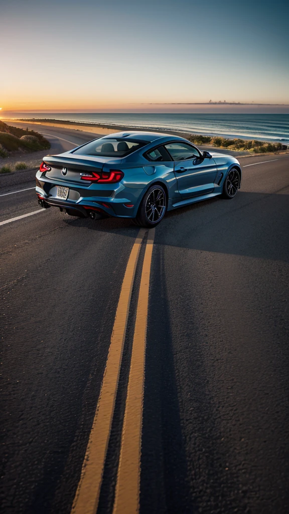 Hyperrealistic 8k photo of Ventura Highway, from side of a topless BMW car of a Mustang GT at dusk, with highway and ocean in detail and focus.
