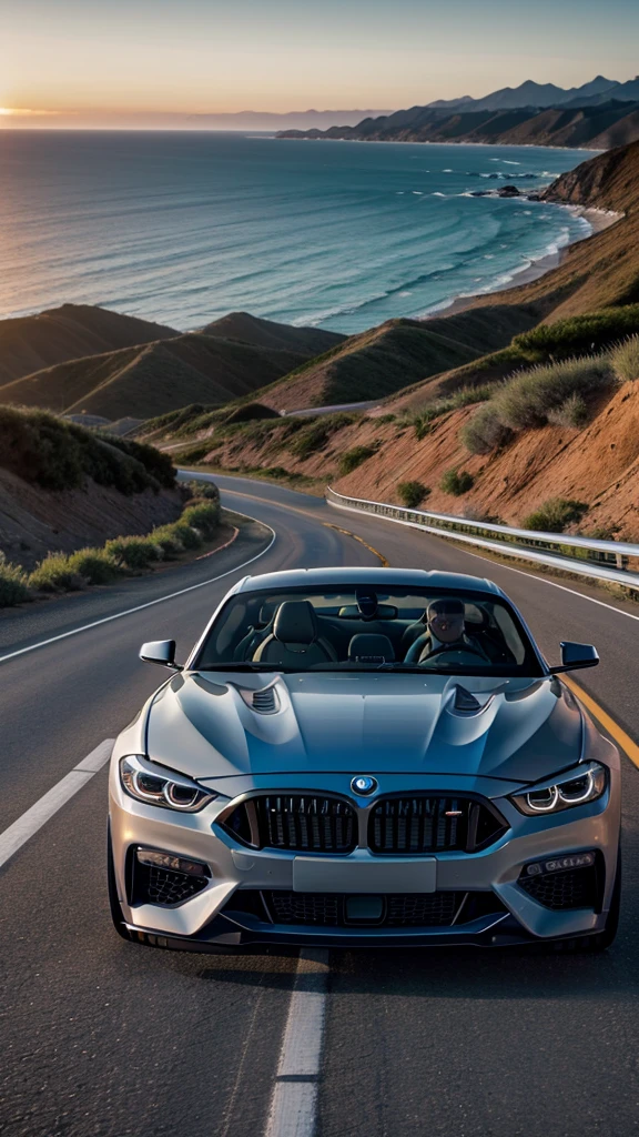 Hyperrealistic 8k photo of Ventura Highway, from side of a topless BMW car of a Mustang GT at dusk, with highway and ocean in detail and focus.