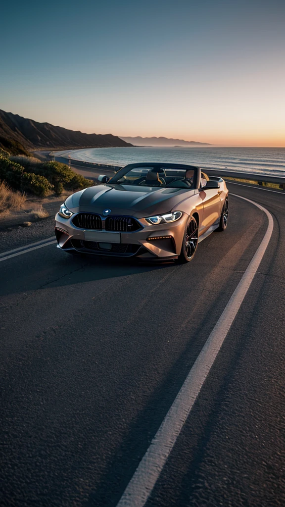 Hyperrealistic 8k photo of Ventura Highway, from side of a topless BMW car of a Mustang GT at dusk, with highway and ocean in detail and focus.