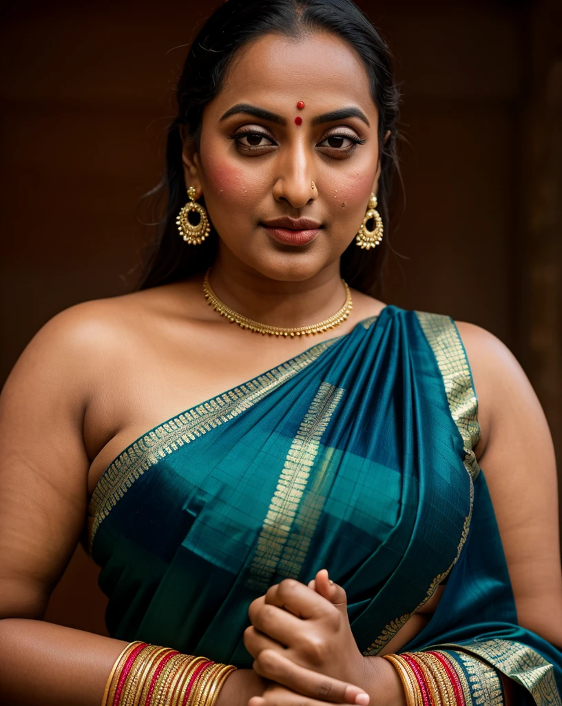 Foto RAW, photorealistic, photography, full body shot, master shot, perfect eyes, goddess like beauty, pierced eyes, perfect thick chubby mallu Desi aunty bhabhi, Wearing a Stanapatta, a chest-band.Saree model, model Photography, Indian saree shoot, Indian traditional wear advertising photography, traditional wear brand shoot, face of Indian actress Sonakshi Sinha, masterpiece, realistic, realism, incredible details,  pleasure, photorealism, detailed skin, skin pores, high contrast, photorealistic Artstation 8k HD digital art trend of high definition and detailed realistic skin texture, ultra detail, realistic skin texture, armature, best quality, ultra high definition, (photorealistic:1.4),, high resolution, detail, raw photo, sweat, Re sharp, by Lee Jefferies Nikon D850 Film Stock Photo 4 Kodak Portra 400 Camera F1.6 Lens Rich Color Ultra Real Realistic Realistic Textures Dramatic Lighting Unreal Engine Trending at Art Station Cinestill 800,(pele altamente detalhada: 1.2), 8k UHD, DSLR, soft-lighting, alta qualidade, grain of film, Fujifilm XT3,she didn't like to wear blouse or bra, she is happy to wear only saree, she hates blouse or bra, detailed hairy armpits, hyper realistic skin, skin pores, sweat, veins, 