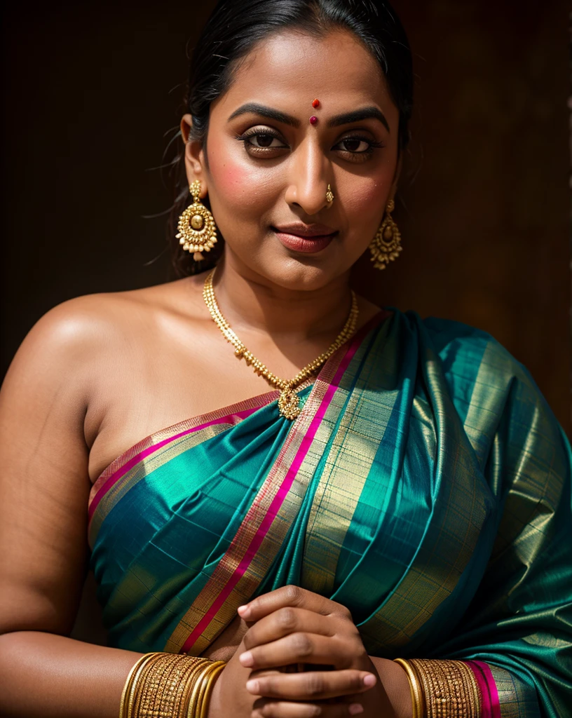 Foto RAW, photorealistic, photography, full body shot, master shot, perfect eyes, goddess like beauty, pierced eyes, perfect thick chubby mallu Desi aunty bhabhi, Wearing a Stanapatta, a chest-band.Saree model, model Photography, Indian saree shoot, Indian traditional wear advertising photography, traditional wear brand shoot, face of Indian actress Sonakshi Sinha, masterpiece, realistic, realism, incredible details, pleasure, photorealism, detailed skin, skin pores, high contrast, photorealistic Artstation 8k HD digital art trend of high definition and detailed realistic skin texture, ultra detail, realistic skin texture, armature, best quality, ultra high definition, (photorealistic:1.4),, high resolution, detail, raw photo, sweat, Re sharp, by Lee Jefferies Nikon D850 Film Stock Photo 4 Kodak Portra 400 Camera F1.6 Lens Rich Color Ultra Real Realistic Realistic Textures Dramatic Lighting Unreal Engine Trending at Art Station Cinestill 800,(pele altamente detalhada: 1.2), 8k UHD, DSLR, soft-lighting, alta qualidade, grain of film, Fujifilm XT3,she didn't like to wear blouse or bra, she is happy to wear only saree, she hates blouse or bra, detailed hairy armpits, hyper realistic skin, skin pores, sweat, veins,