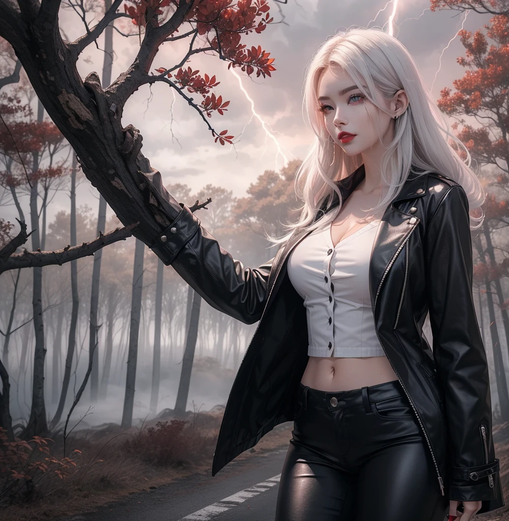 Chilling night with cloudy red skies immense lightning bolts shooting towards the ominous forest covered with immense trees and red eyed crows on the branches, beautiful white haired woman, white eyes red lips light skin smiles sinisterly wearing a suit with a set and leather pants, both black, covered by a thick fog and a black road Death is felt in the place.
Terrifying forest with crows