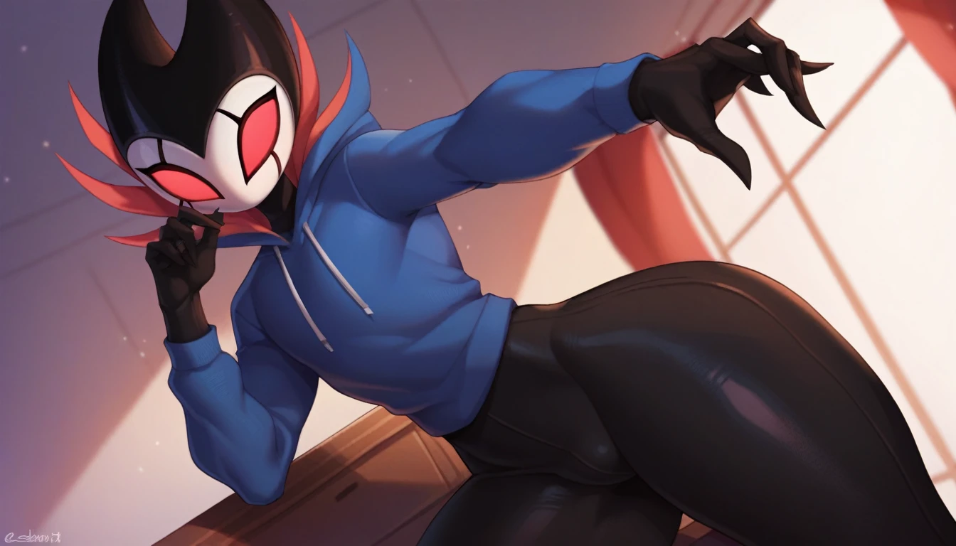 score_9, score_8_up, score_7_up, score_6_up, zPDXL2, grimm \(hollow knight\), vampire, bat, 1boy, solo, cute face, detailed eyes, portrait, thick thighs, anthro, thick ass, pov, tight sport black pants, cinematic angle, blue large hoodie, cool pose, gloves without fingers