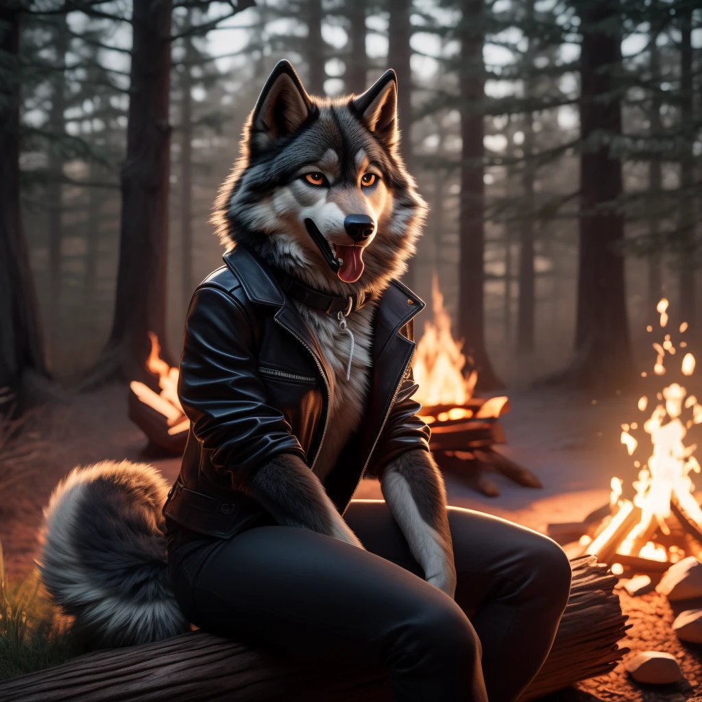 Sitting in front of campfire on log, female, 30 years old, happy, mouth open with tongue hanging out, black leather jacket, anthro, wolf ears, (black fur:1.5), wolf, forest background, 8k, hi res, (best quality, masterpiece), (wolf tail:1.5), detailed fur, solo, looking at camera, night, leash, collar,